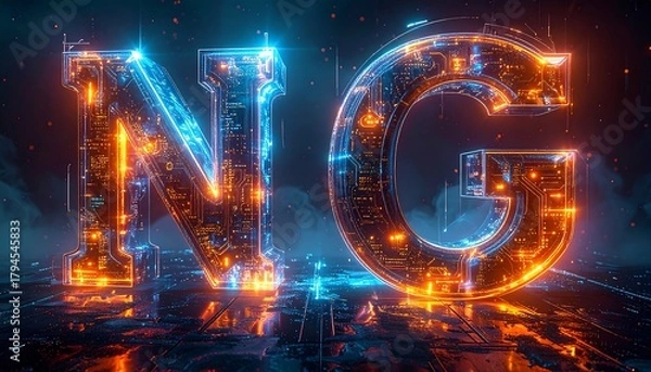Fototapeta Glowing futuristic letters 'NG' with intricate circuit details & blue-orange highlights on a reflective floor