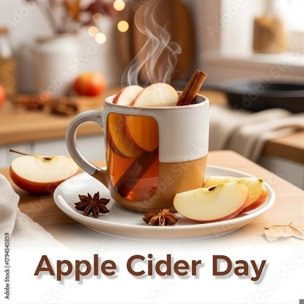 Fototapeta Cozy Autumn Drink with Cinnamon and Apple Garnish on White Plate for Apple Cider Day