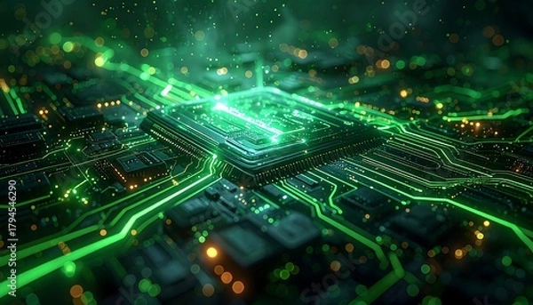 Fototapeta Glowing green circuitry a complex, futuristic motherboard illuminated with vibrant, abstract energy flow