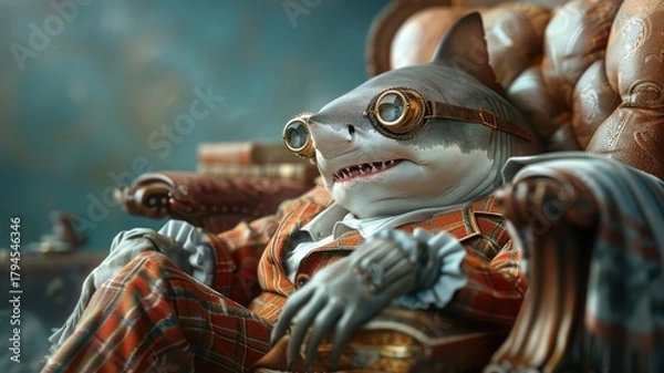 Obraz Close-up portrait of shark with monocle and mischievous grin.