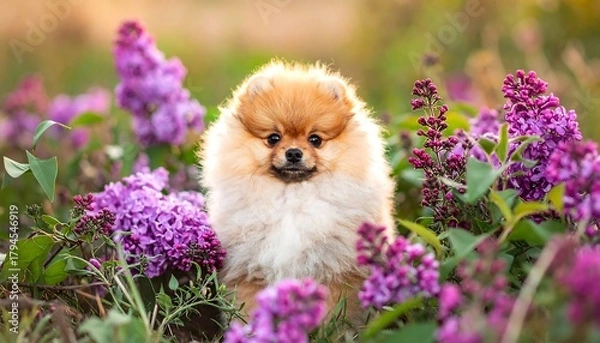 Obraz Fluffy puppy sits among lilac flowers in golden light
