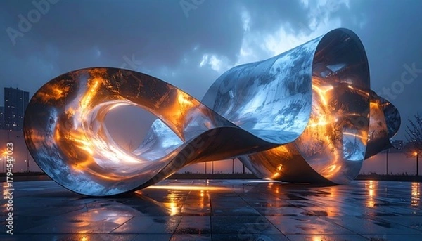 Obraz Futuristic metal sculpture glows against a dark, rainy city backdrop, reflecting sky and light on wet tiles