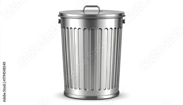 Obraz Metal trash can on a white background, with lid and vertical slot details, casting a slight shadow