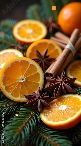 Obraz Festive Oranges with Cinnamon and Star Anise on Pine Needles – Holiday Food Flat Lay.