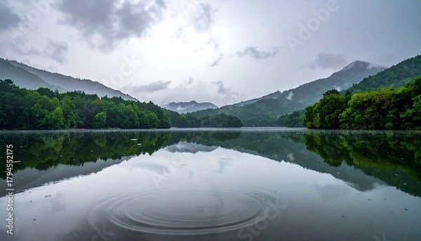 Obraz Serene lake reflecting misty forested mountains under a cloudy sky, rippling water surface