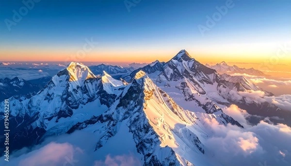 Obraz Snowy mountain peaks pierce through clouds under a vibrant sunrise sky, creating a breathtaking vista