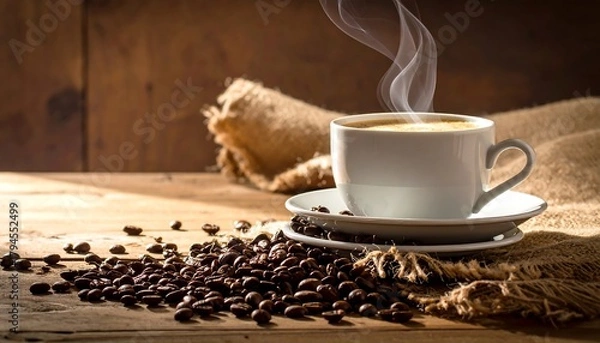 Obraz Steaming cup of coffee, beans, and burlap on wood surface, light streaming from above