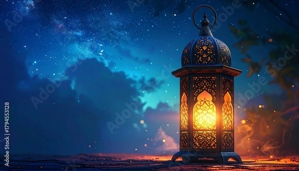 Fototapeta Ornate, glowing lantern against a dreamy, celestial night sky with soft clouds and dark ground