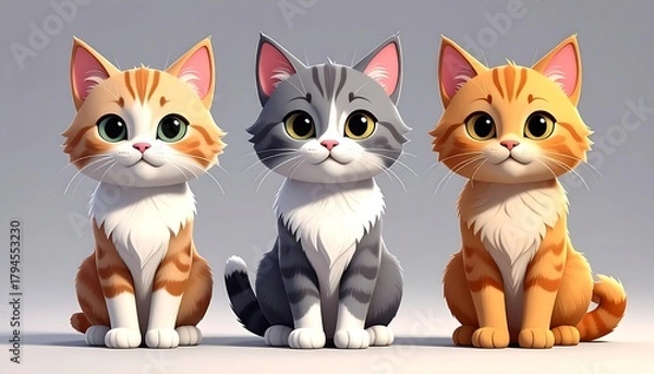 Obraz Three cartoon cats two orange tabby, one gray tabby, all sitting and looking forward on a light background
