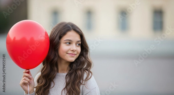 Fototapeta A smiling girl with wavy brown hair holds a vibrant red balloon on a string, looking happily off-camera in a softly lit outdoor setting.
