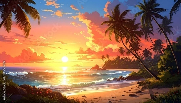 Obraz Tropical beach scene, vibrant sunset with silhouetted palm trees and gentle waves washing ashore under a colorful sky