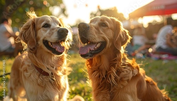 Obraz Two golden retrievers smile in a park at sunset with people blurred in the background enjoying the summer day