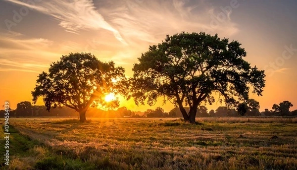 Obraz Two large trees backlit by a golden sunset in an open field, bathed in warm, ethereal light