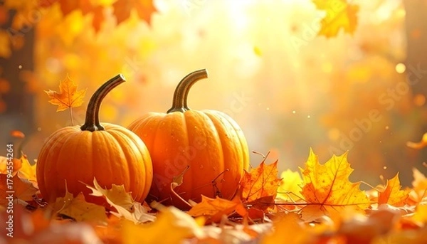 Obraz Two pumpkins sit on autumn leaves, bathed in warm sunlight, with leaves gently falling