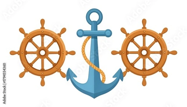 Obraz Two wooden ship wheels flank a blue anchor tied with rope, isolated against a white background