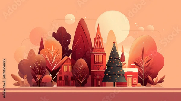 Obraz festive winter village illustration with stylized trees and warm tones