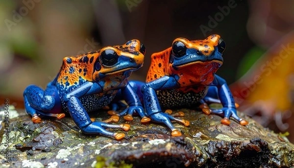 Obraz Two vibrant blue and orange poison dart frogs sitting closely on a textured, mossy rock in a lush, blurred forest