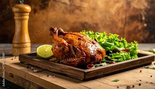Fototapeta Roasted whole chicken with lettuce and lime on a wooden tray against a blurred background