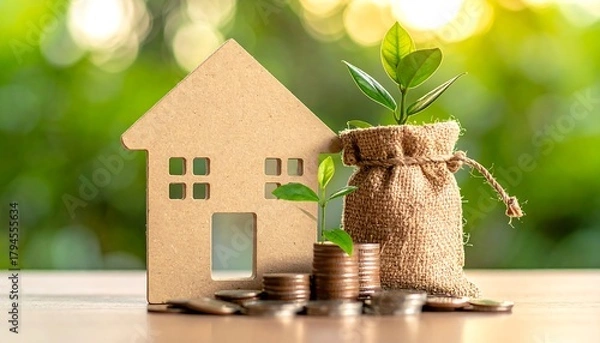 Obraz Wood house near coins and sprout in a sack on a table with a blurry green backdrop, representing financial growth