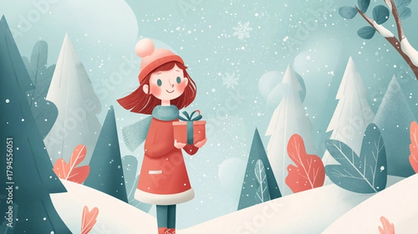 Obraz cheerful girl holding a gift in a whimsical snowy winter forest scene