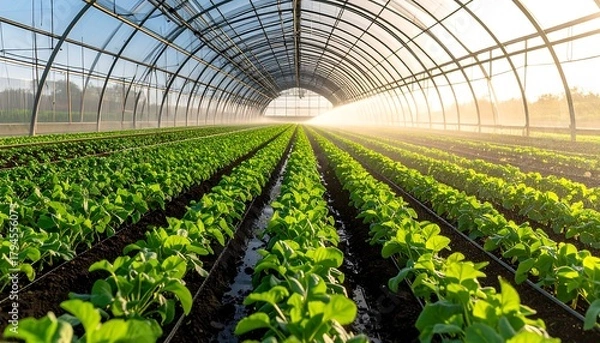 Fototapeta Rows of vibrant, green leafy crops grow inside a modern greenhouse bathed in soft, warm sunlight
