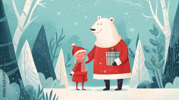 Obraz cheerful girl and a gentle polar bear stand together in a stylized snowy forest, both dressed in warm red winter clothing and holding gifts. the charming illustration captures a magical festive moment