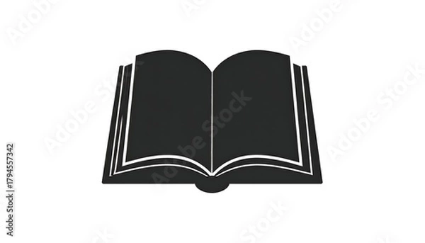 Fototapeta Simple flat dark silhouette of an open book, with two pages shown. Minimalist illustration on white