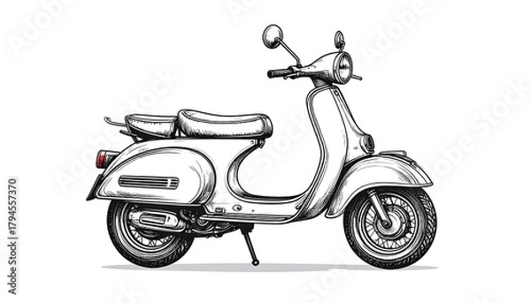 Fototapeta Sketched vintage scooter, side view, in black and white with detailed shading on a white background