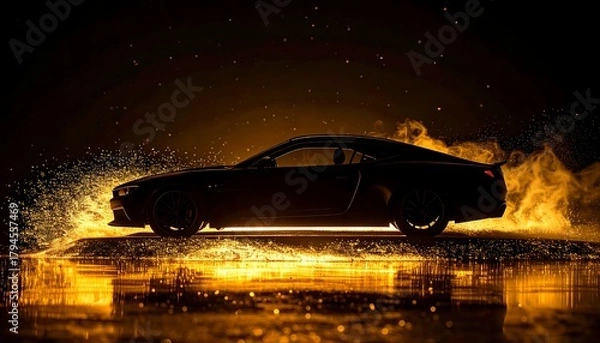 Fototapeta Sleek, dark sports car is shown in profile with bright light effects and reflections on a dark, glossy surface