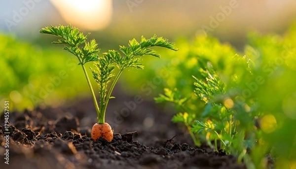Fototapeta Small carrot sprout with green leaves growing in dark soil, bright green carrot field blurred in the background