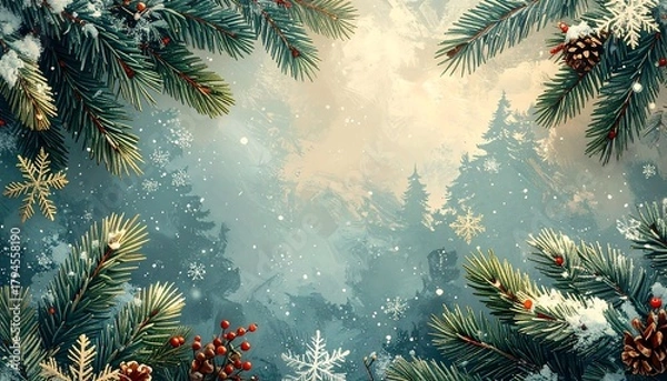 Fototapeta Snowy fir branches, red berries, and snowflakes frame a hazy forest backdrop; festive, wintry, and painterly aesthetic