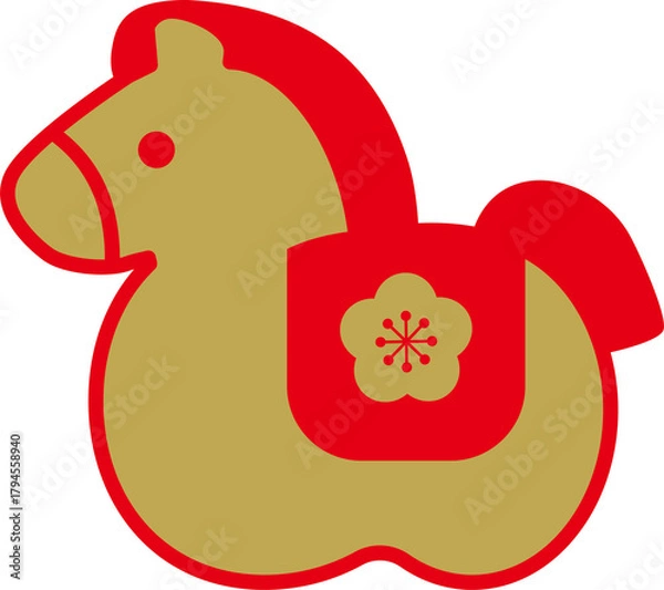 Obraz 干支の馬のかわいい置物、赤と金、イラスト	