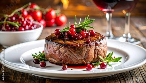 Fototapeta Steak on a white plate topped with cranberries, rosemary, against a wooden background with red wine & cranberry bowl