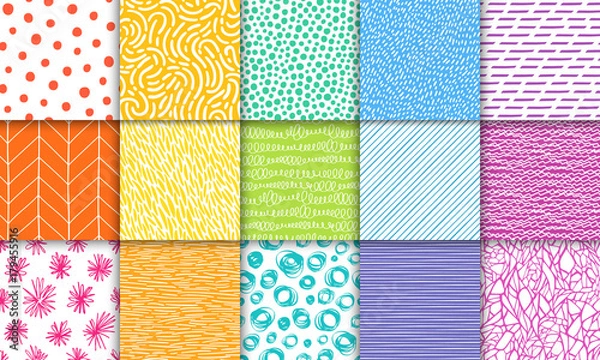 Obraz Abstract hand drawn geometric simple minimalistic seamless patterns set. Polka dot, stripes, waves, random symbols textures. Bright colorful vector illustration. Template for your design