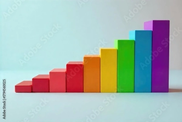 Fototapeta A close-up shot of a perfectly aligned row of colorful building blocks, extending horizontally across the frame, suggesting a concept of progress or continuous growth , play, horizontal, next step