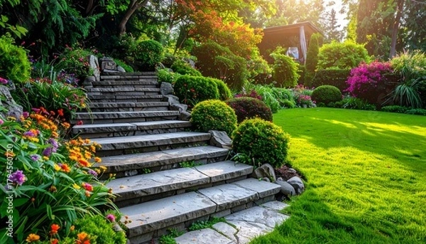 Fototapeta Stone steps in a vibrant garden, abundant with colorful flowers and lush greenery under a sunny sky, leading upwards