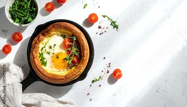 Fototapeta Sunny, top-down view of baked egg dish in pan with tomatoes and greens, light grey background with a cloth