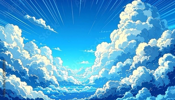 Fototapeta Vast, bright blue sky filled with cumulus clouds, depicted in an anime style, radiates with streaks of light