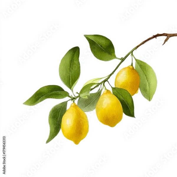 Fototapeta watercolor lemon branch on a white background