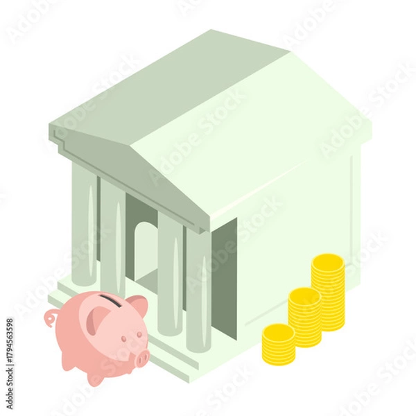 Fototapeta Isometric piggy bank stands at the entrance to a toy bank building for making a deposit. Isolated cartoon vector on white background top view