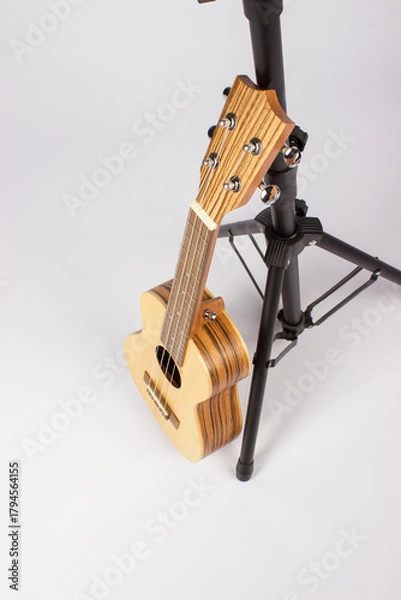 Fototapeta A ukulele stands at the counter. a musical concert. learning music and playing an instrument. an isolated object. close-up.