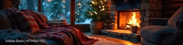 Obraz Cozy cabin scene bathed in the warm glow of a fireplace, blankets and mugs adding to the inviting atmosphere of a Canadian night , trees, ambiance