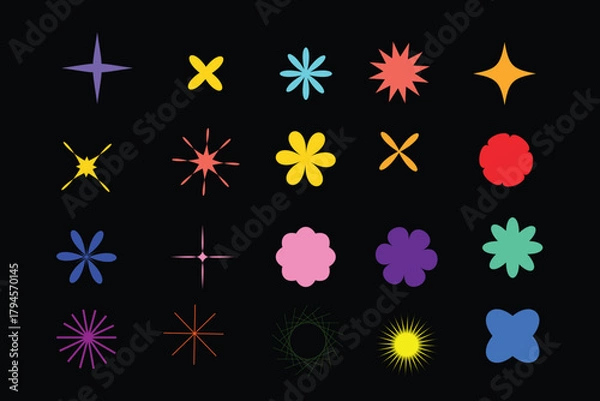 Fototapeta Collection of colorful geometric star and flower shapes on black background