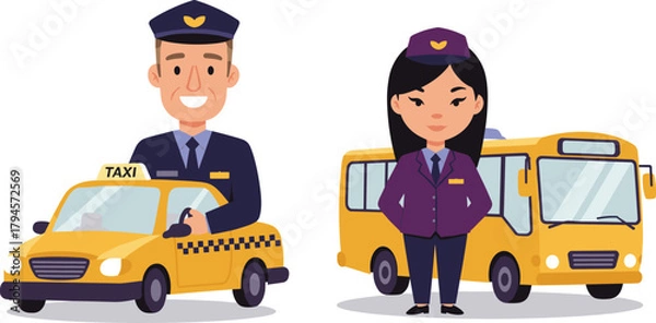 Fototapeta Cartoon taxi driver and bus driver characters in uniform, standing beside yellow taxi and bus, public transportation, occupation, travel, city commute, vector illustration