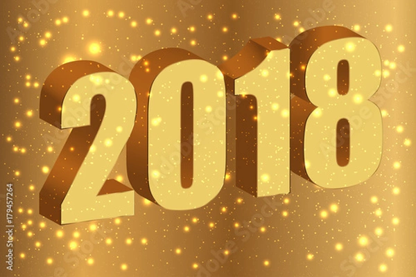 Fototapeta Happy new year 2018. Gold numbers 3D on the golden background with glitter. Vector illustration.