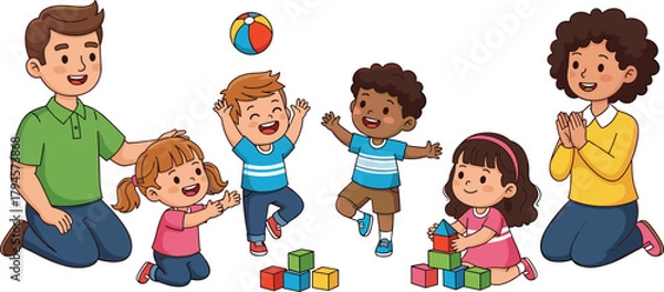 Fototapeta Happy children playing with blocks and ball, joyful preschool activity, diverse kids learning through play, daycare fun, teacher interaction, early childhood development