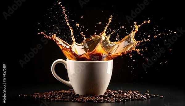 Obraz Coffee cup splash with beans on black background.