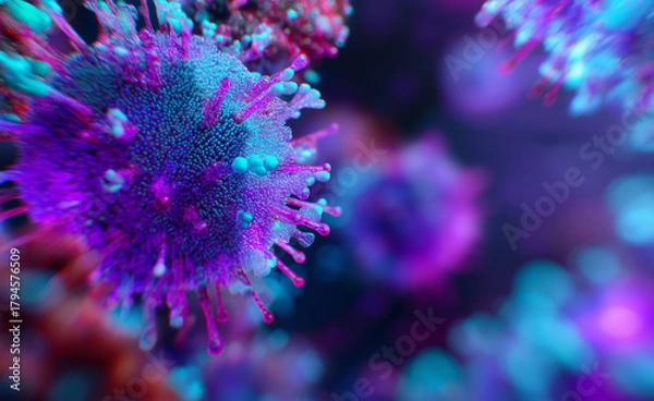 Fototapeta Abstract 3D rendering of virus particles in bright blue and purple tones.
