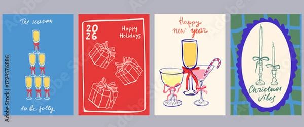 Fototapeta Set of Christmas greeting cards and party invitations in hand drawn vintage style, gifts, la dolce vita,  Christmas tree, candles, bows and champagne in pink, red, green and blue colors, 