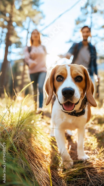 Obraz Happy beagle dog running on forest path with two people walking behind.

